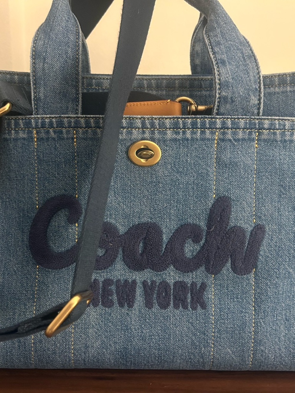 Price firm 175 no negotiation 
Coach Denim Tote with Navy Embroidered Logo